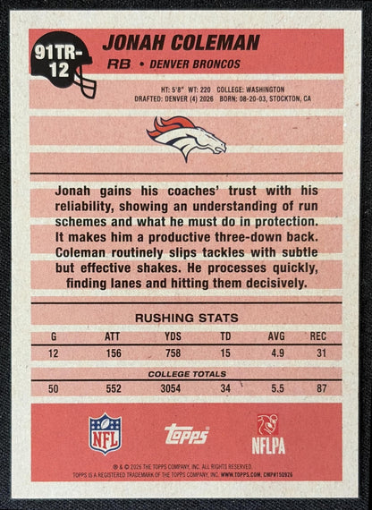 Jonah Coleman 2026 Topps 1991 Rookie Broncos back
