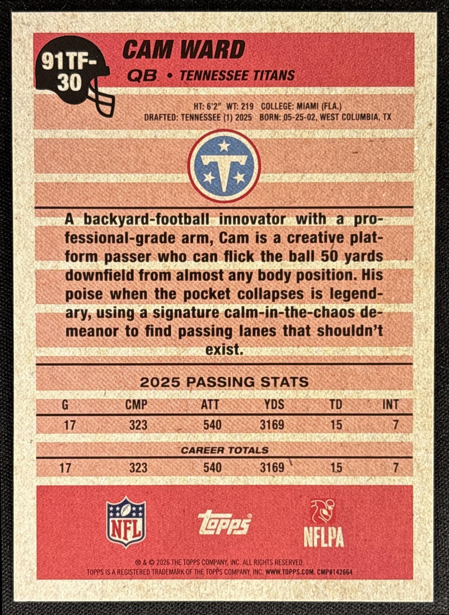 Cam Ward 2026 Topps 1991 Crackle Foil Titans