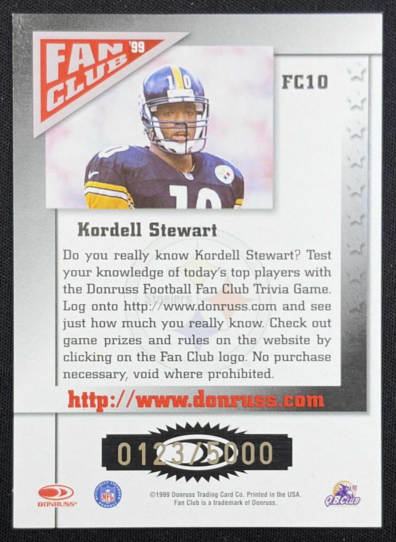 Kordell Stewart 1999 Donruss Fan Club Gold /5000 Steelers Pittsburgh Steelers