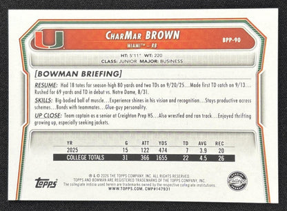 CharMar Brown 2026 Bowman Paper Prospects Pink /250 Dolphins Hurricanes Sports Trading Card
