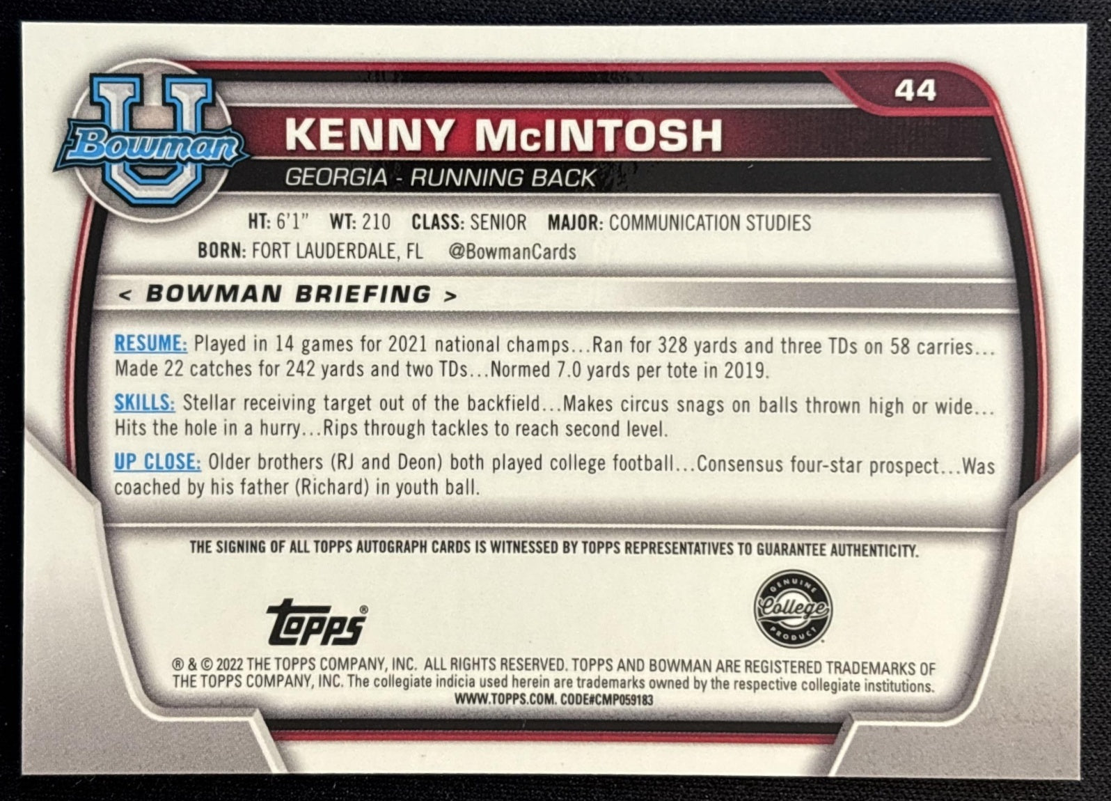 Kenny McIntosh 2022 Bowman University Chrome Prospect Auto Bulldogs back