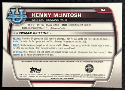 Kenny McIntosh 2022 Bowman University Chrome Prospect Auto Bulldogs back