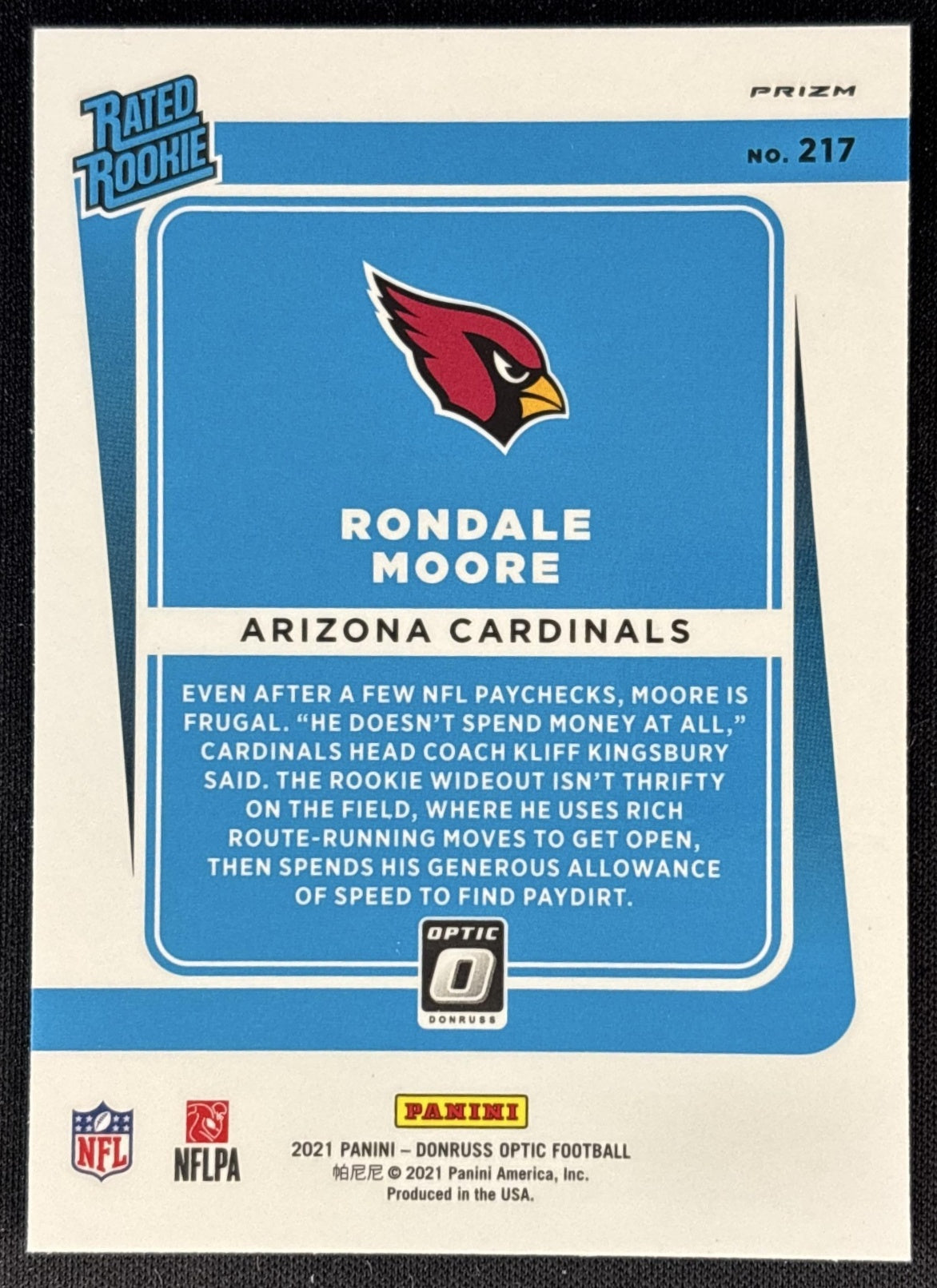 Rondale Moore 2021 Panini Donruss Optic Blue Hyper Cardinals