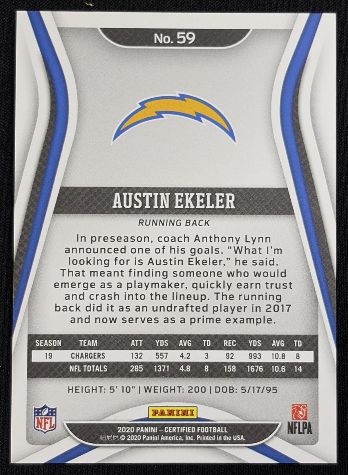 Back of Austin Ekeler 2020 Panini Certified Mirror Blue /75 Chargers sports trading card