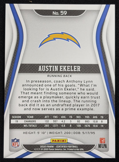 Back of Austin Ekeler 2020 Panini Certified Mirror Blue /75 Chargers sports trading card