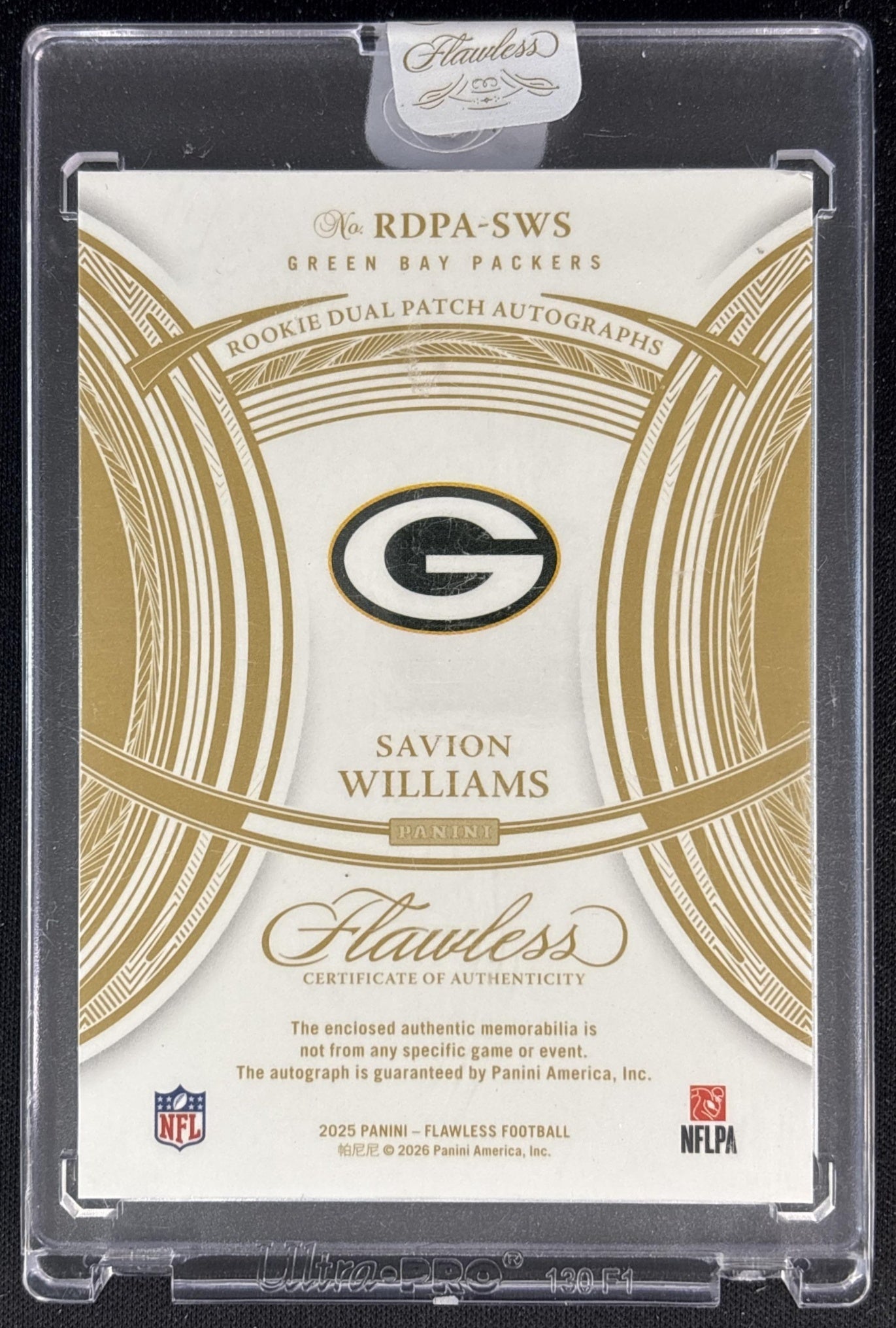 Savion Williams 2025 Panini Flawless Rookie Dual Patch Auto Bronze /4 Packers back