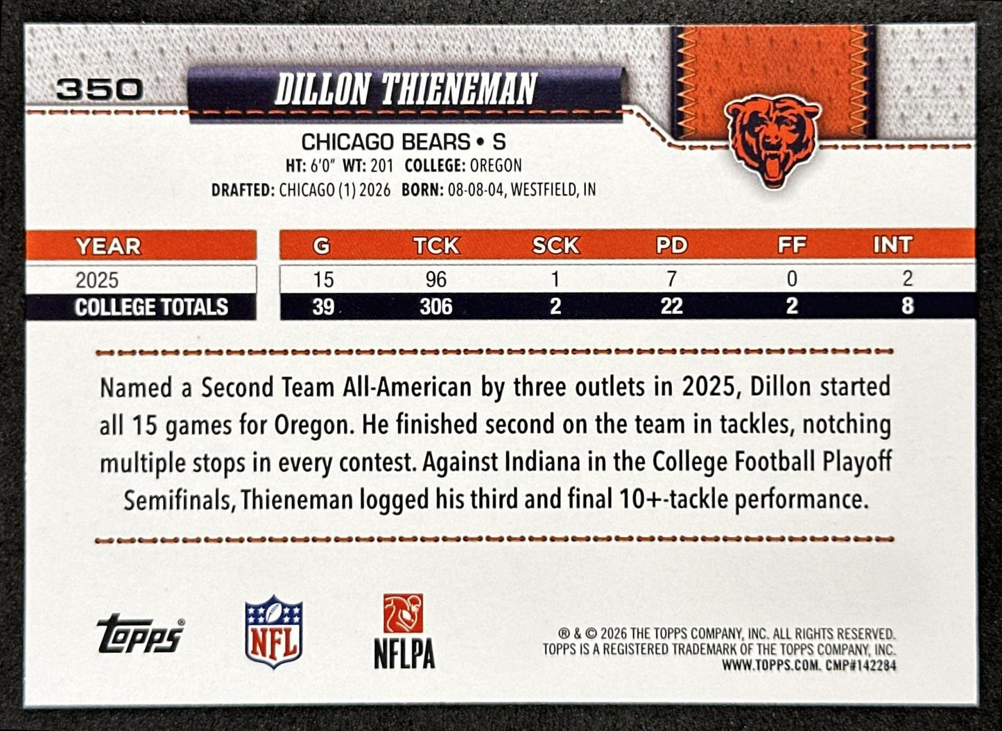 Dillon Thieneman 2026 Topps Flagship Rookie Bears Sports Trading Cards