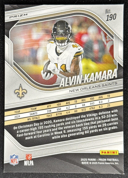 Alvin Kamara 2025 Panini Prizm Red White & Blue Saints Sports Trading Card