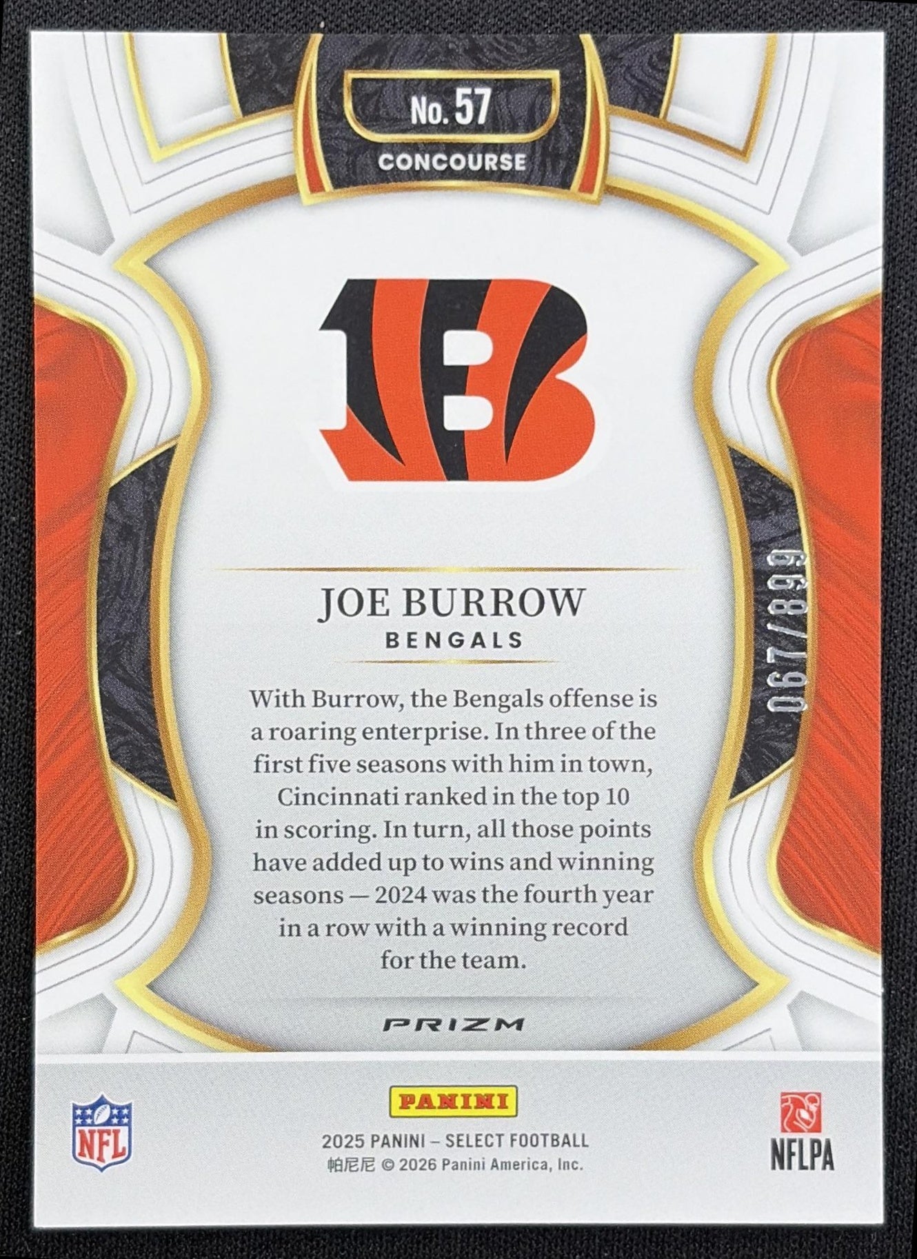 Joe Burrow 2025 Panini Select Concourse Copper Prizm Shock /899 Bengals - back