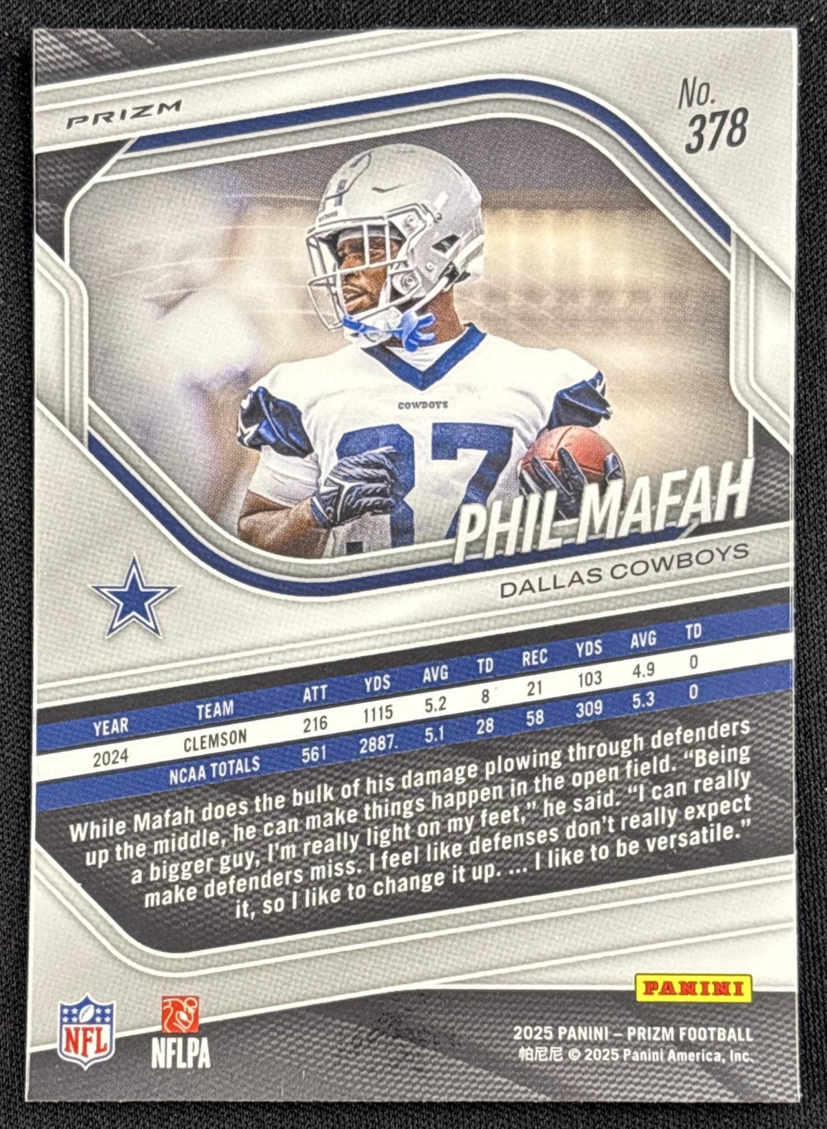Phil Mafah 2025 Panini Prizm No Huddle Cowboys