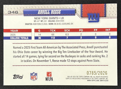 Arvell Reese 2026 Topps Gold /2026 Giants