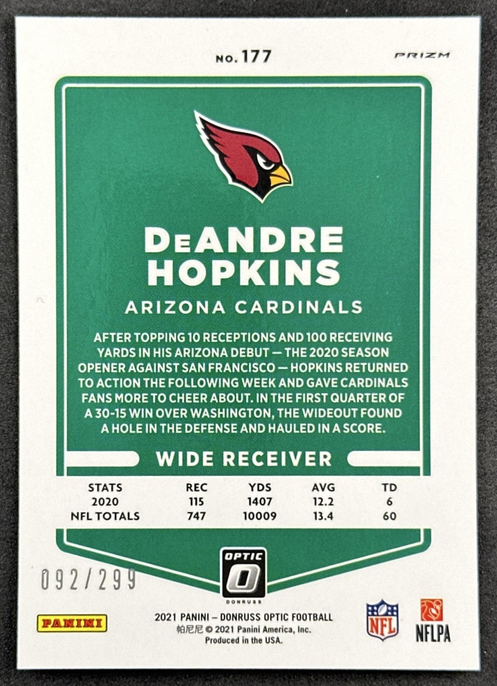 DeAndre Hopkins 2021 Panini Donruss Optic Wave /299 Cardinals back