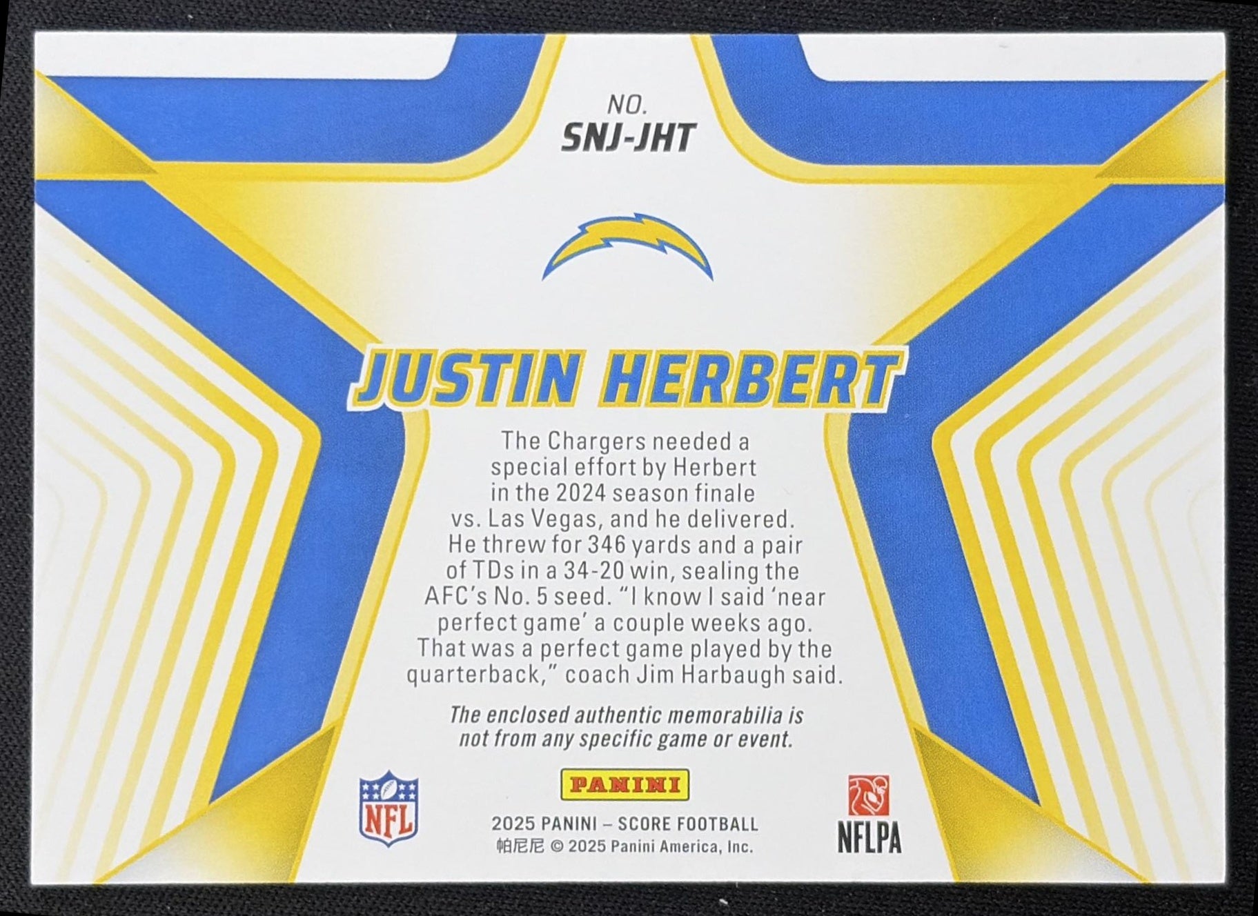 Justin Herbert 2025 Panini Score Stars of the NFL Jersey Chargers Los Angeles Chargers back