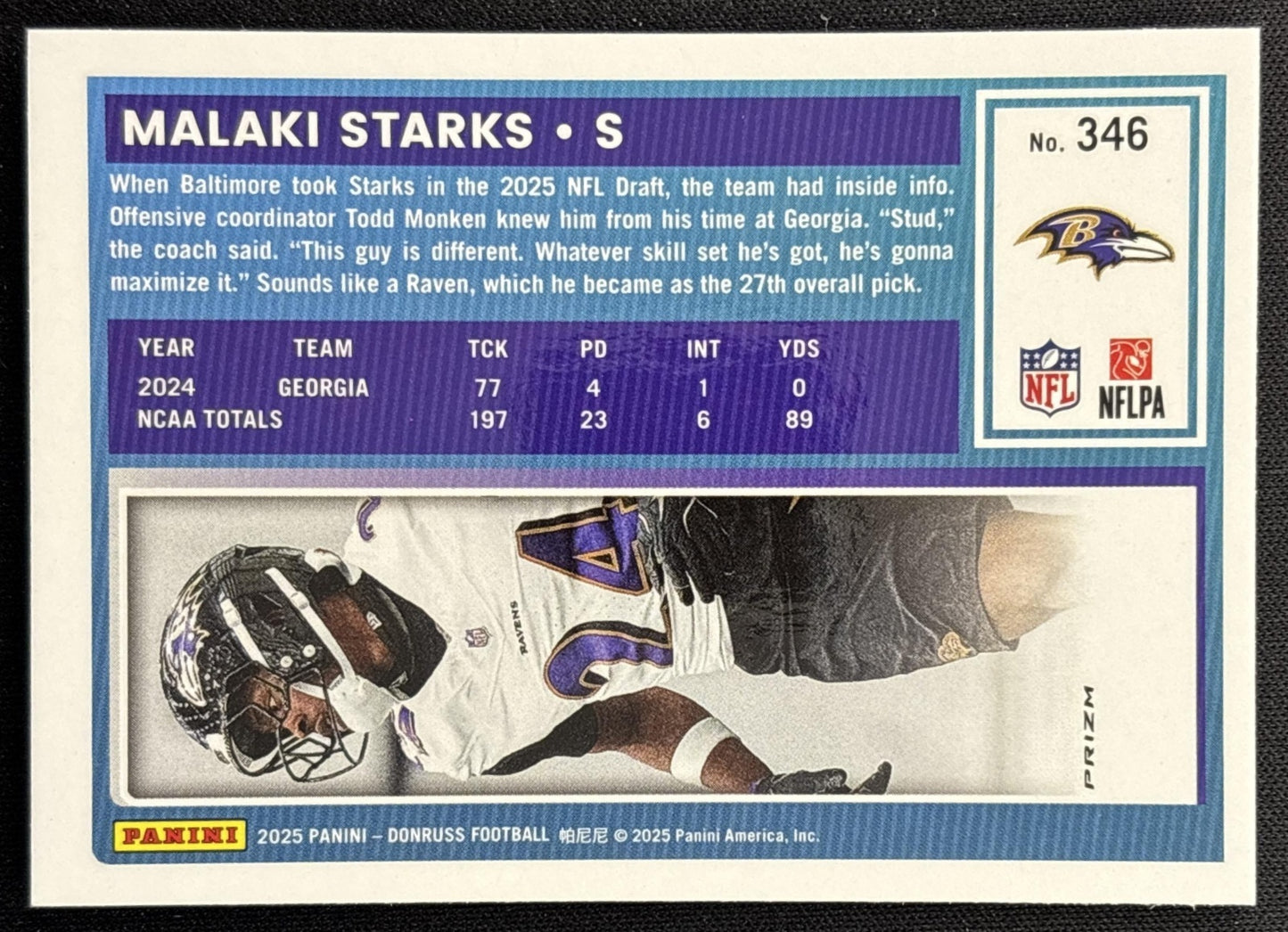 Malaki Starks 2025 Panini Donruss Optic Rated Rookie Preview Pink Ravens back