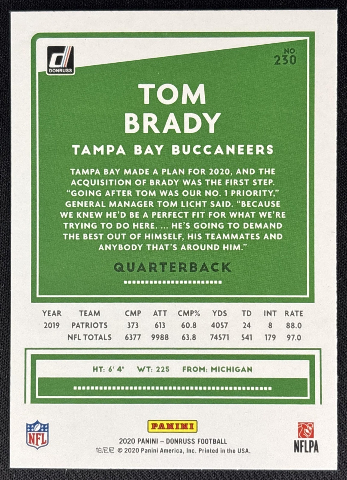 Tom Brady 2020 Panini Donruss Press Proof Yellow Buccaneers Sports Trading Cards