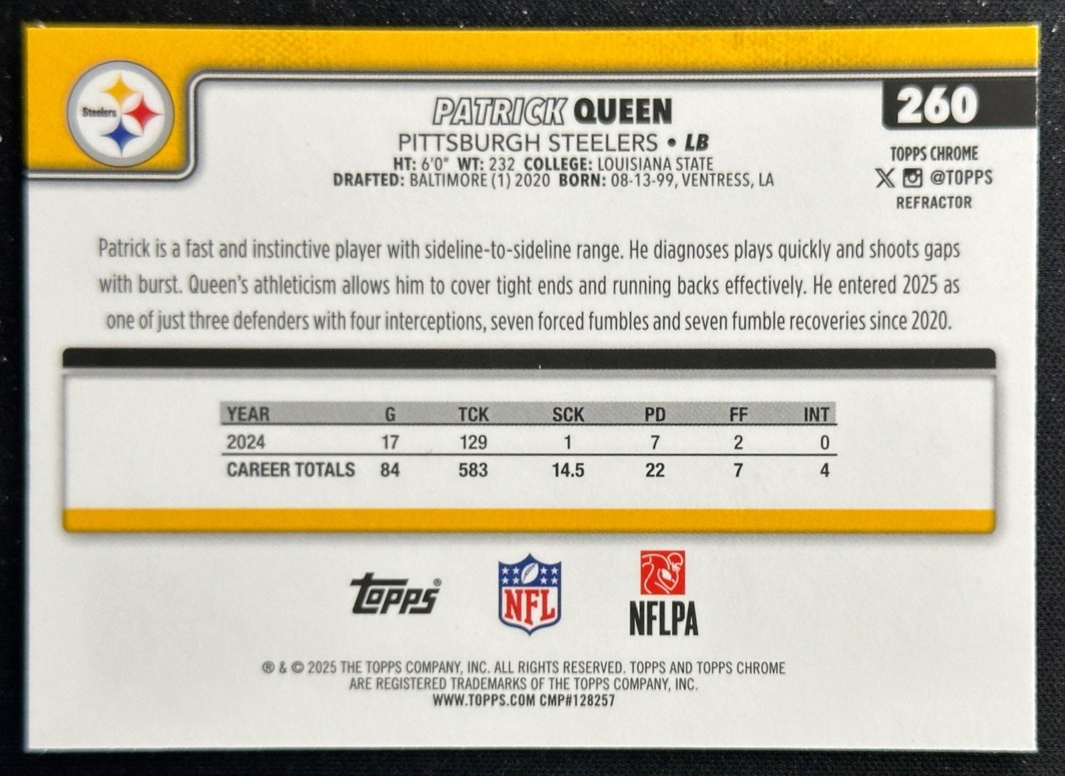 Patrick Queen 2025 Topps Chrome Refractor Steelers Sports Trading Cards