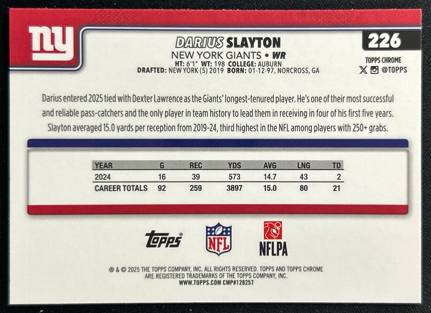 Darius Slayton 2025 Topps Chrome Giants Sports Trading Cards