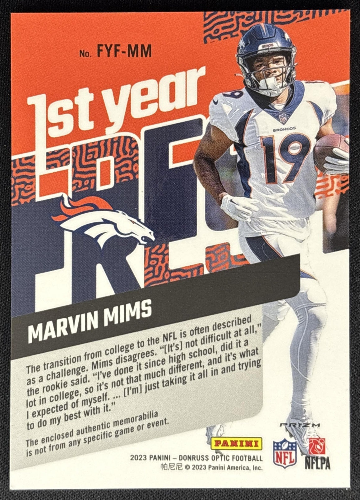 Marvin Mims 2023 Panini Donruss Optic First Year Fresh Blue Hyper Broncos back