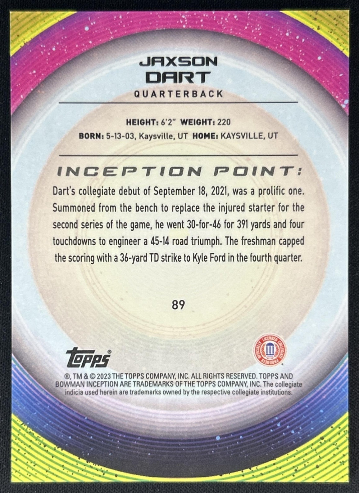Jaxson Dart 2022 Bowman University Inception Back