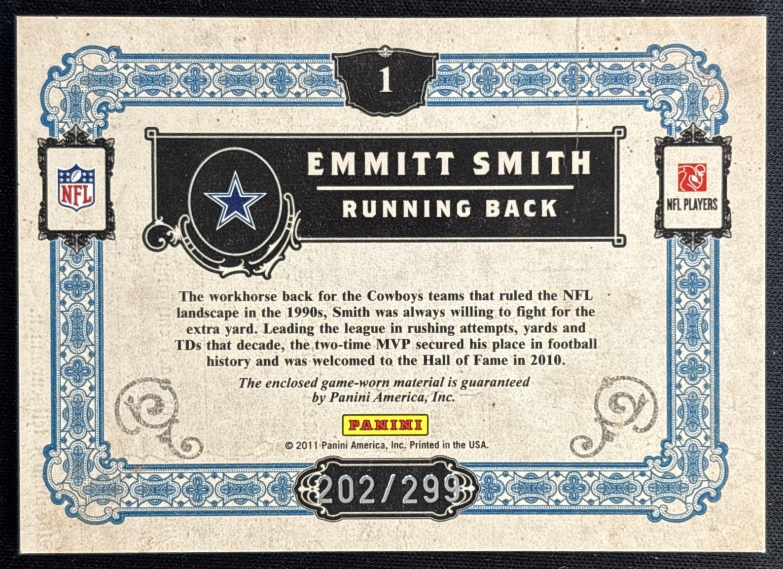 Emmitt Smith 2011 Panini Gold Standard Hall of Materials /299 Cowboys Sports Trading Card