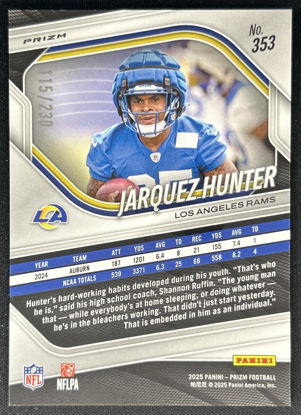 Jarquez Hunter 2025 Panini Prizm Blue Wave /230 Rams Back