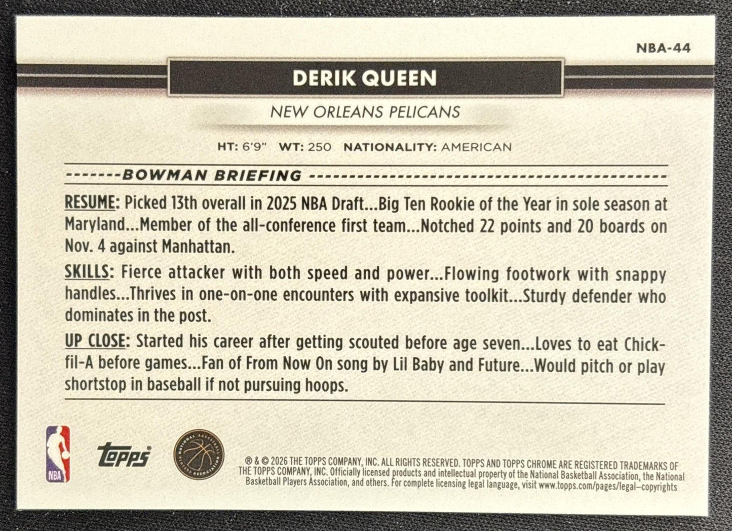 Derik Queen 2026 Topps NSCC Collection NBA Sports Trading Cards