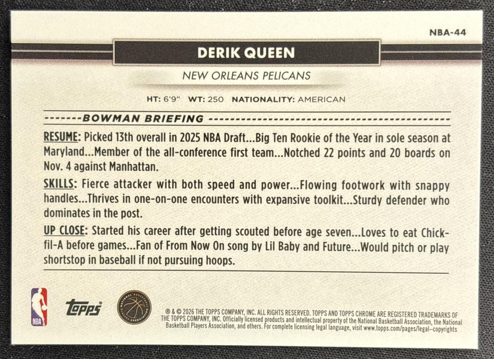 Derik Queen 2026 Topps NSCC Collection NBA Sports Trading Cards