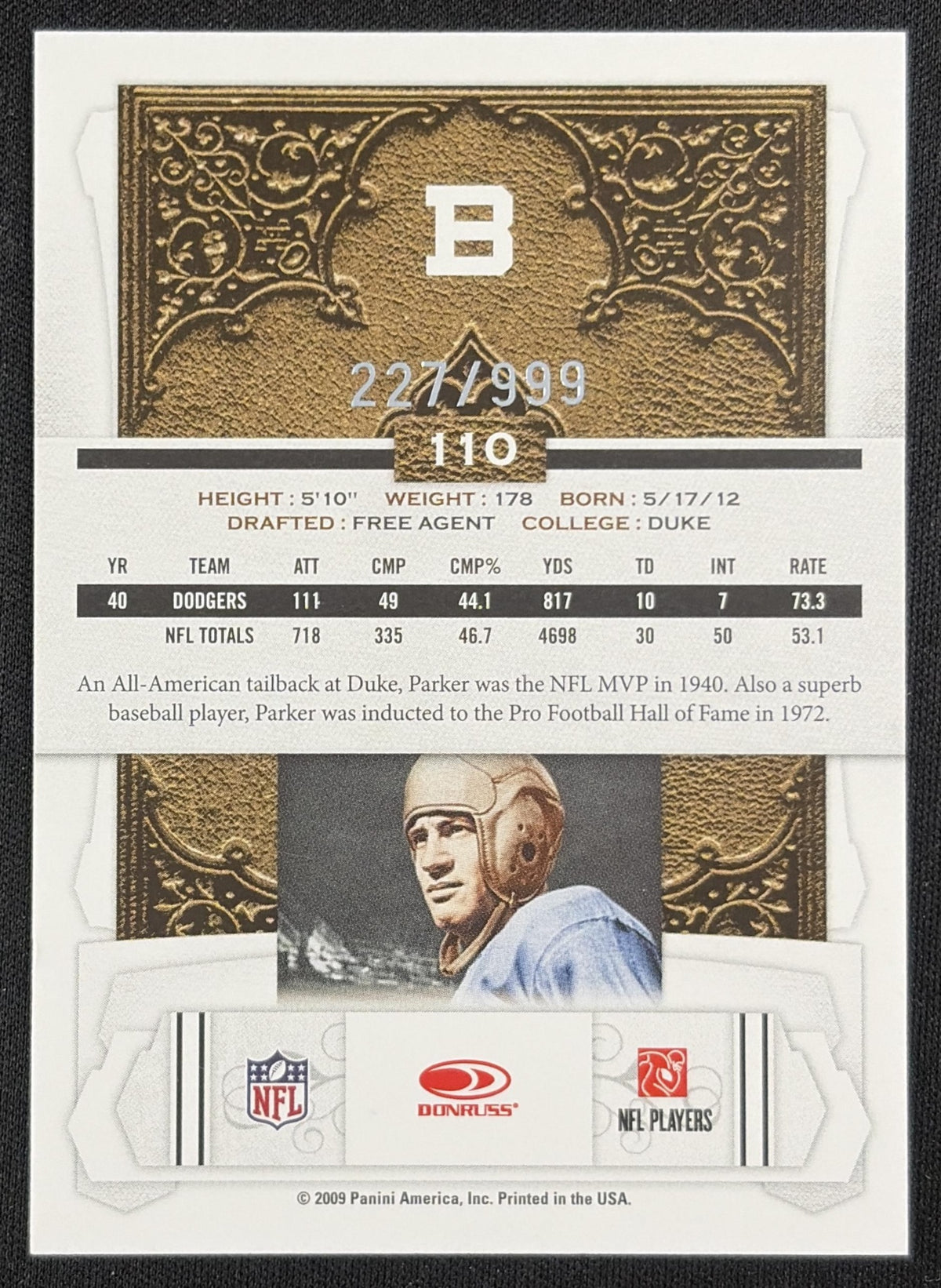 Ace Parker 2009 Panini Donruss College Greats /999