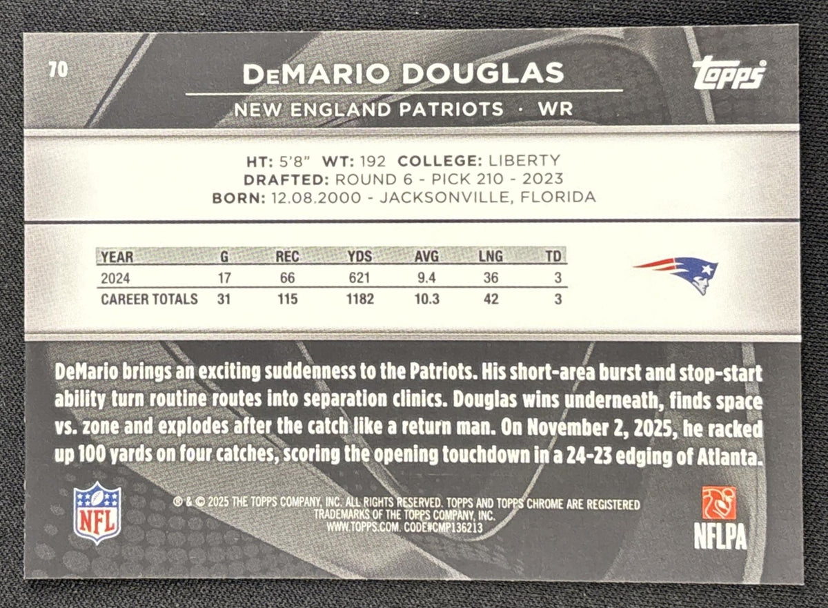 DeMario Douglas 2025 Topps Chrome Black Blue Refractor /150 Patriots Sports Trading Card