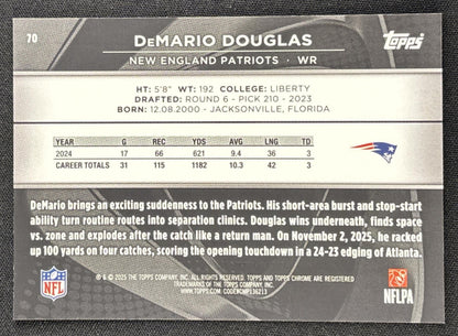 DeMario Douglas 2025 Topps Chrome Black Blue Refractor /150 Patriots Sports Trading Card