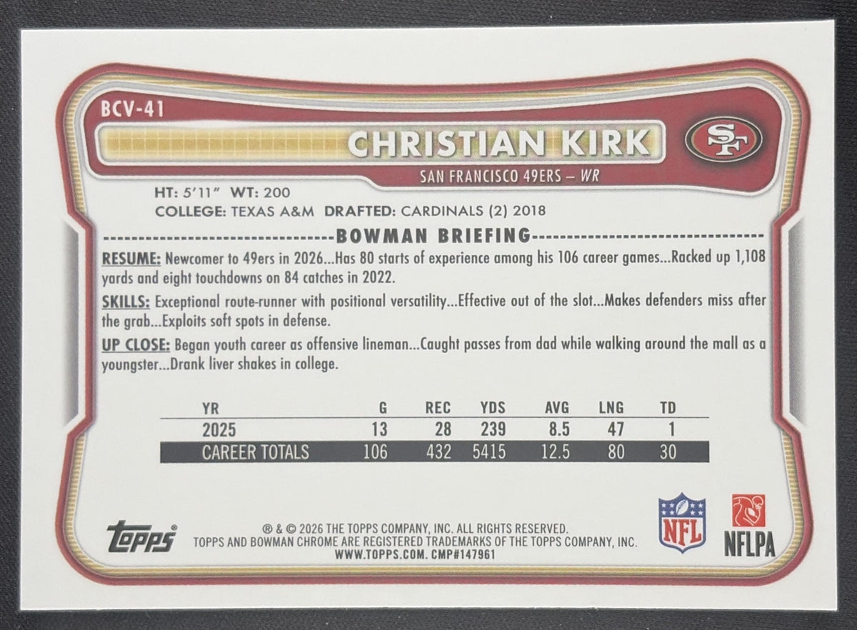 Christian Kirk 2026 Bowman Chrome NFL Mojo Refractor 49ers Sports Trading Card