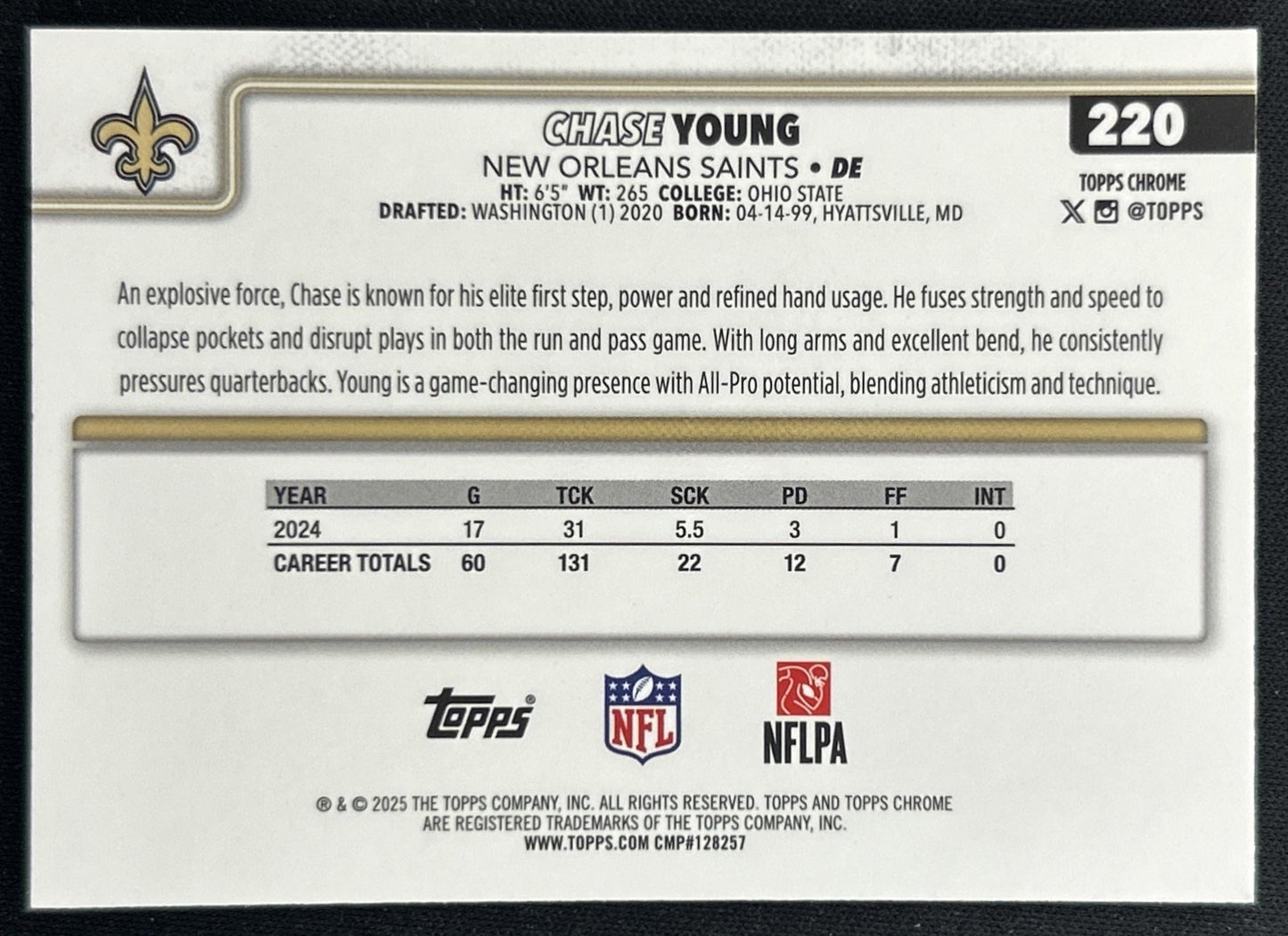 Chase Young 2025 Topps Chrome Pink Refractor /250 Saints