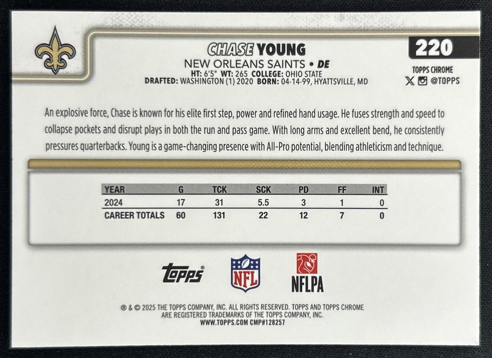 Chase Young 2025 Topps Chrome Pink Refractor /250 Saints