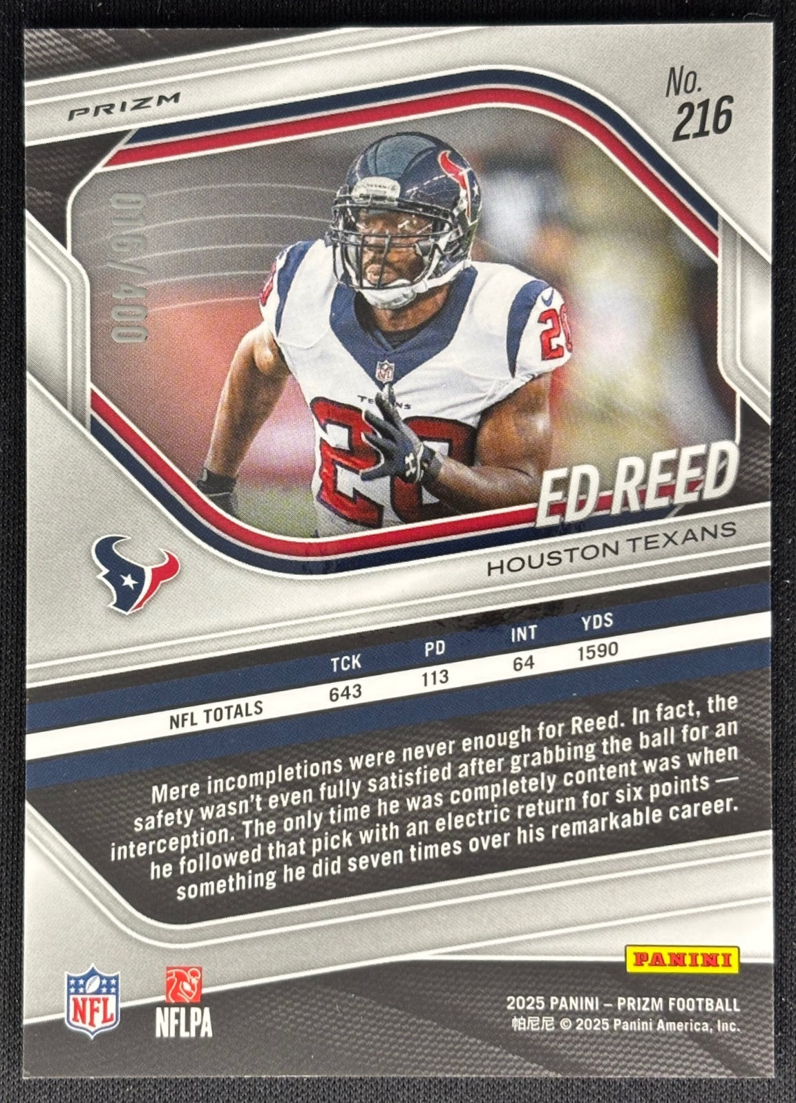 Ed Reed 2025 Prizm Pandora /400 Texans Sports Trading Cards