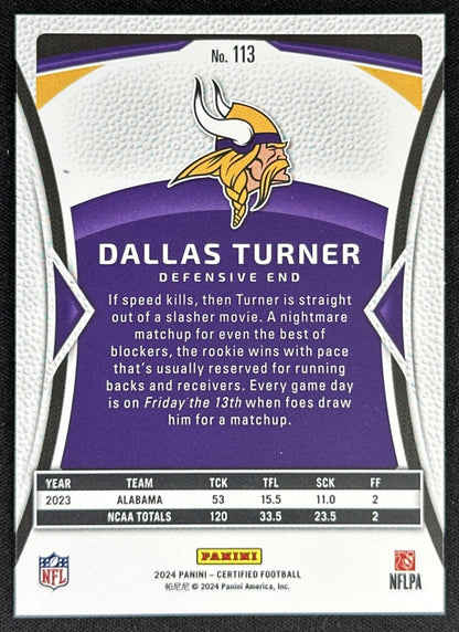 Dallas Turner 2024 Panini Certified Rookies Mirror /350 Vikings