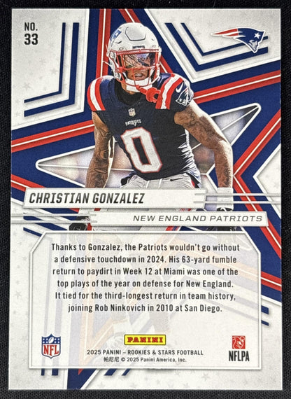 Christian Gonzalez 2025 Panini Rookies & Stars Purple /999 Patriots back