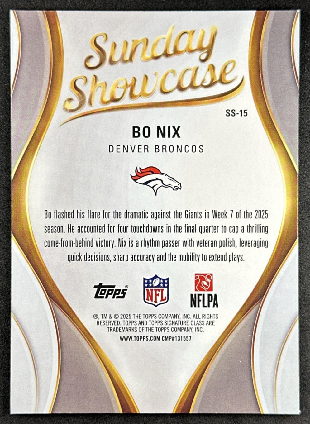 Bo Nix 2025 Topps Signature Class Sunday Showcase Broncos Back