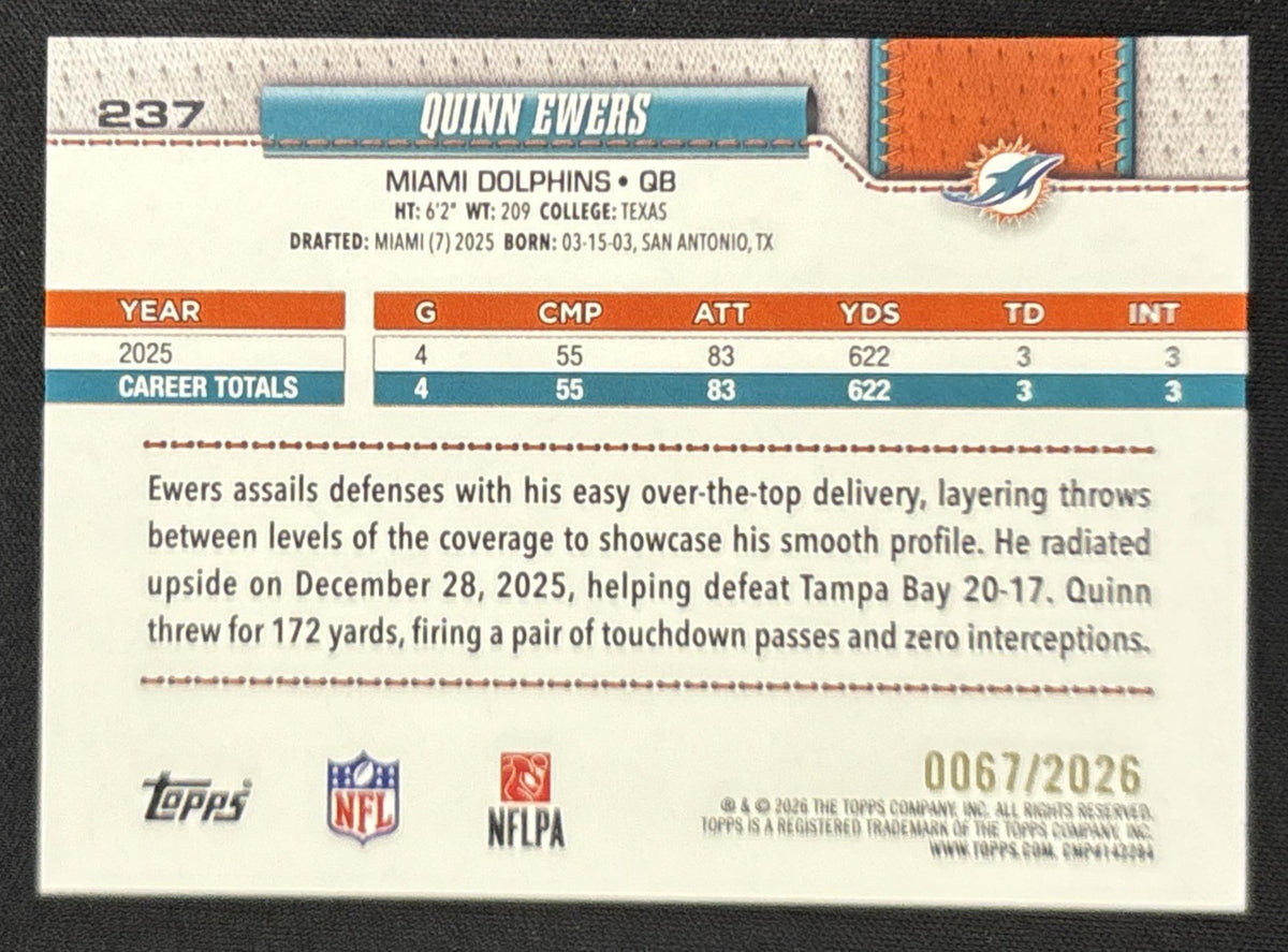 Quinn Ewers 2026 Topps Gold /2026 Dolphins