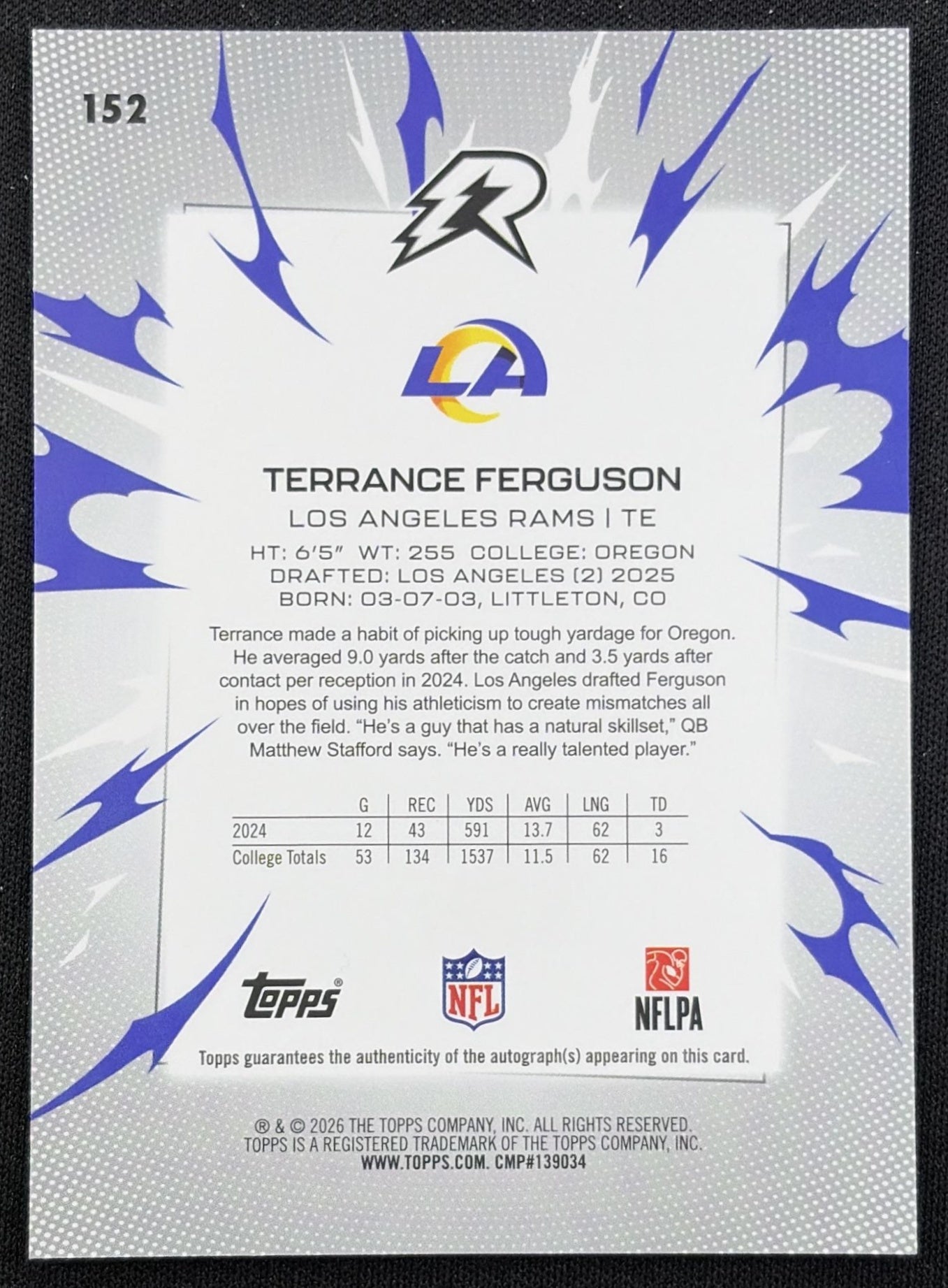 Terrance Ferguson 2025 Topps Resurgence Rookie Signatures Rams Los Angeles Rams