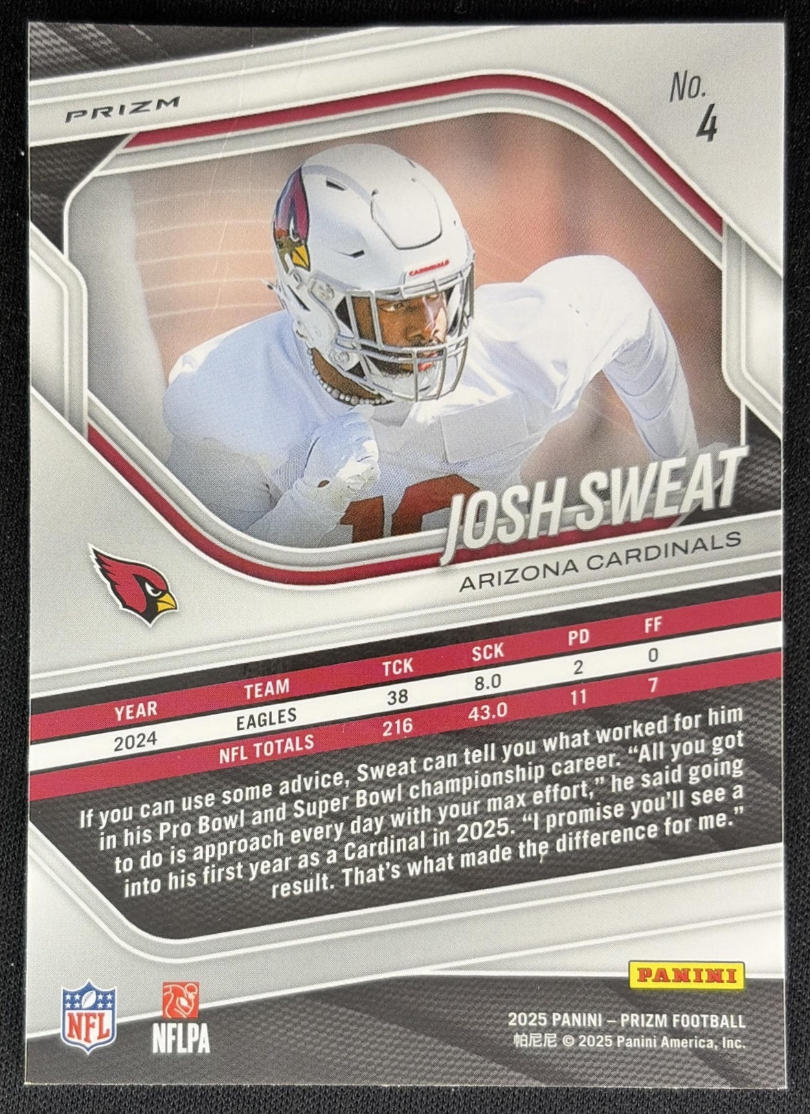 Josh Sweat 2025 Panini Prizm Choice Blue Yellow & Green Cardinals back