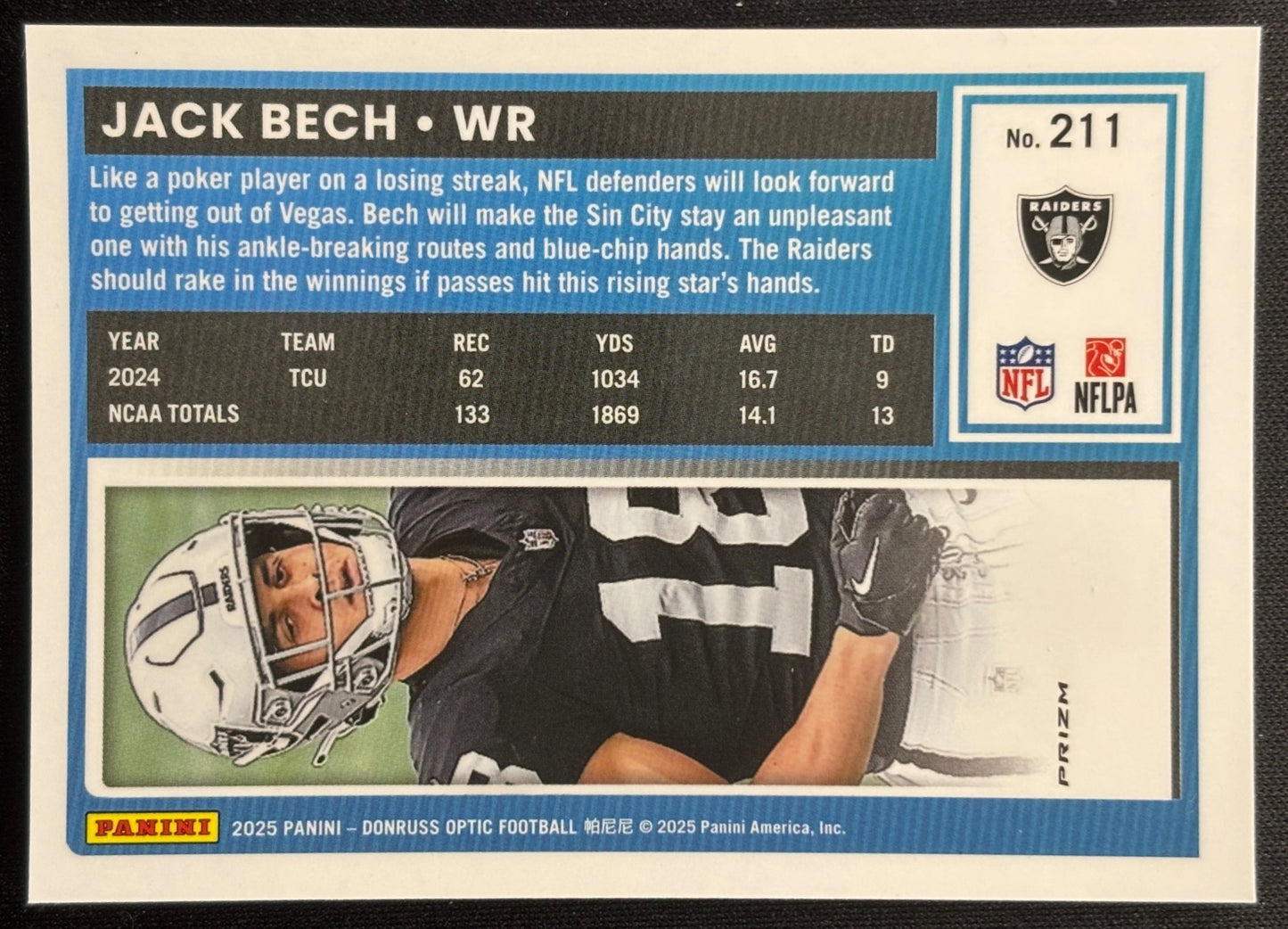 Jack Bech 2025 Donruss Optic Rated Rookie Green Velocity Prizm Raiders Football