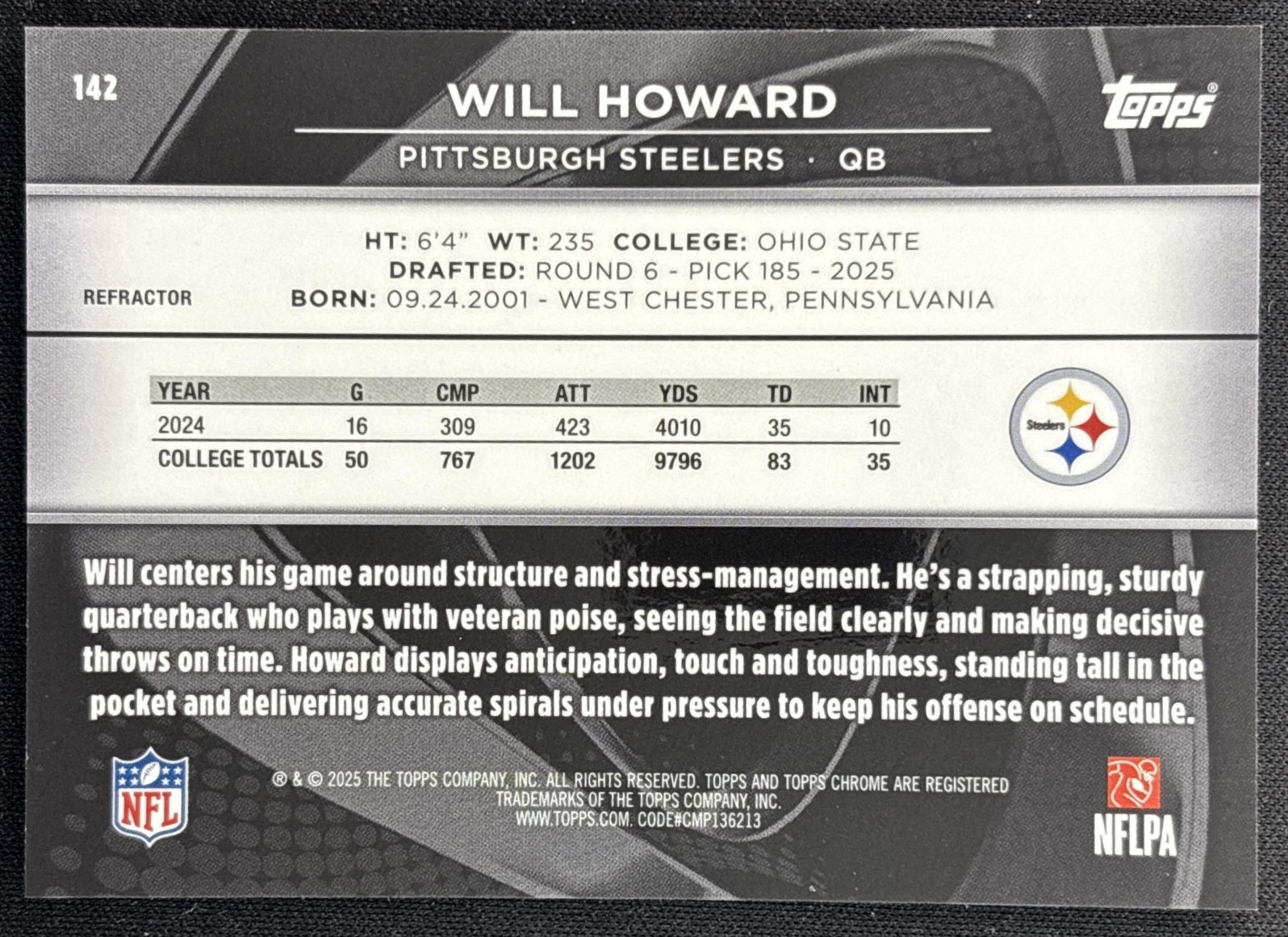 Will Howard 2025 Topps Chrome Black Refractor /299 Steelers Back