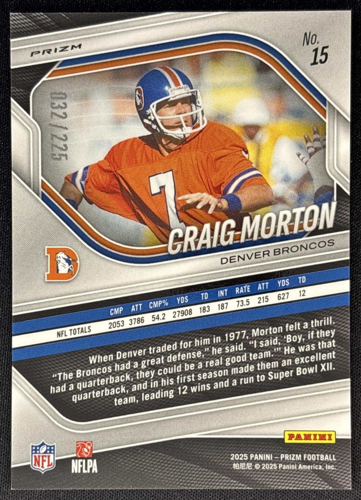 Craig Morton 2025 Panini Prizm Purple Ice /225 Broncos Sports Trading Cards