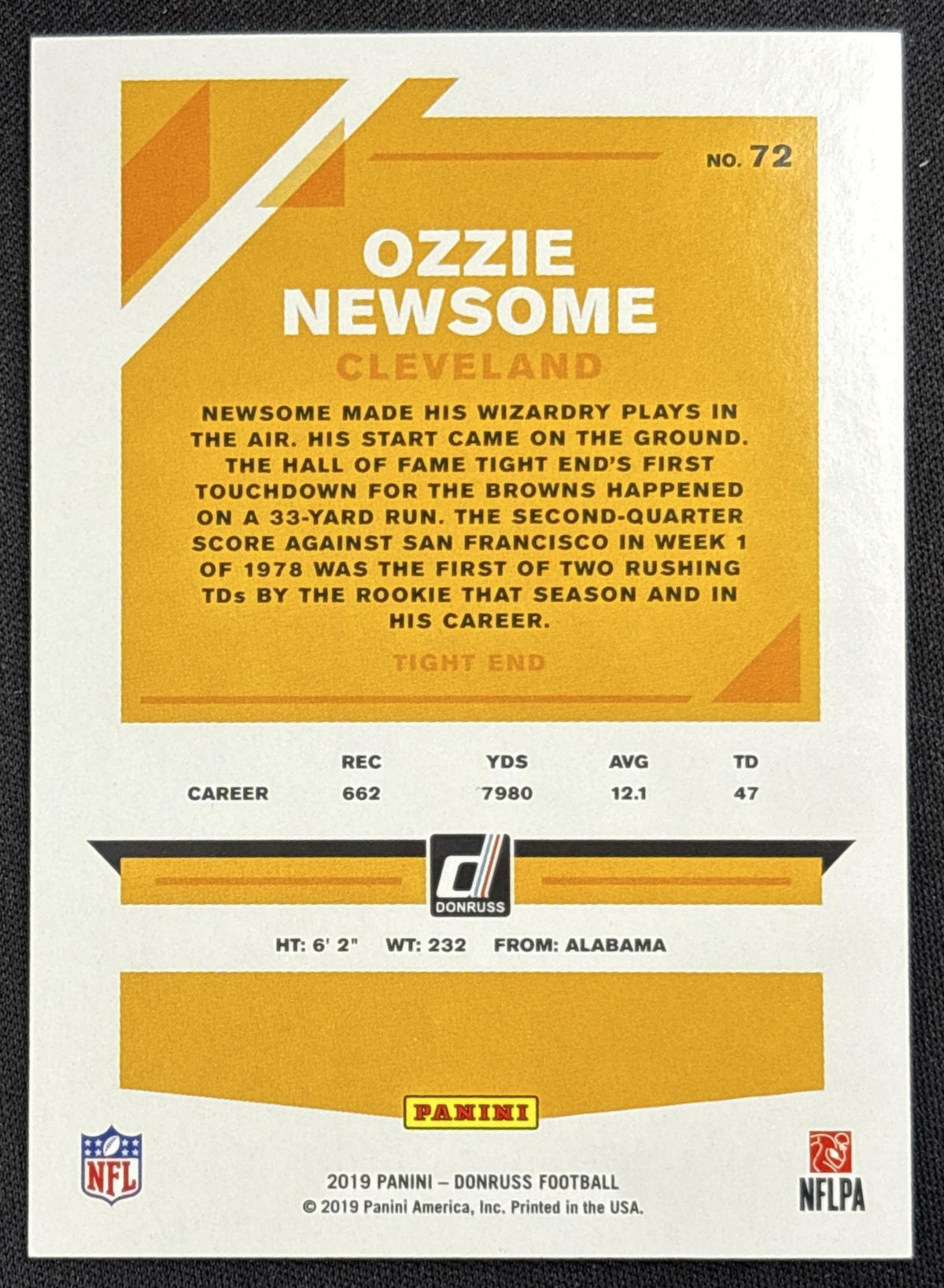 Ozzie Newsome 2019 Panini Donruss Season Stat Line /500 Browns