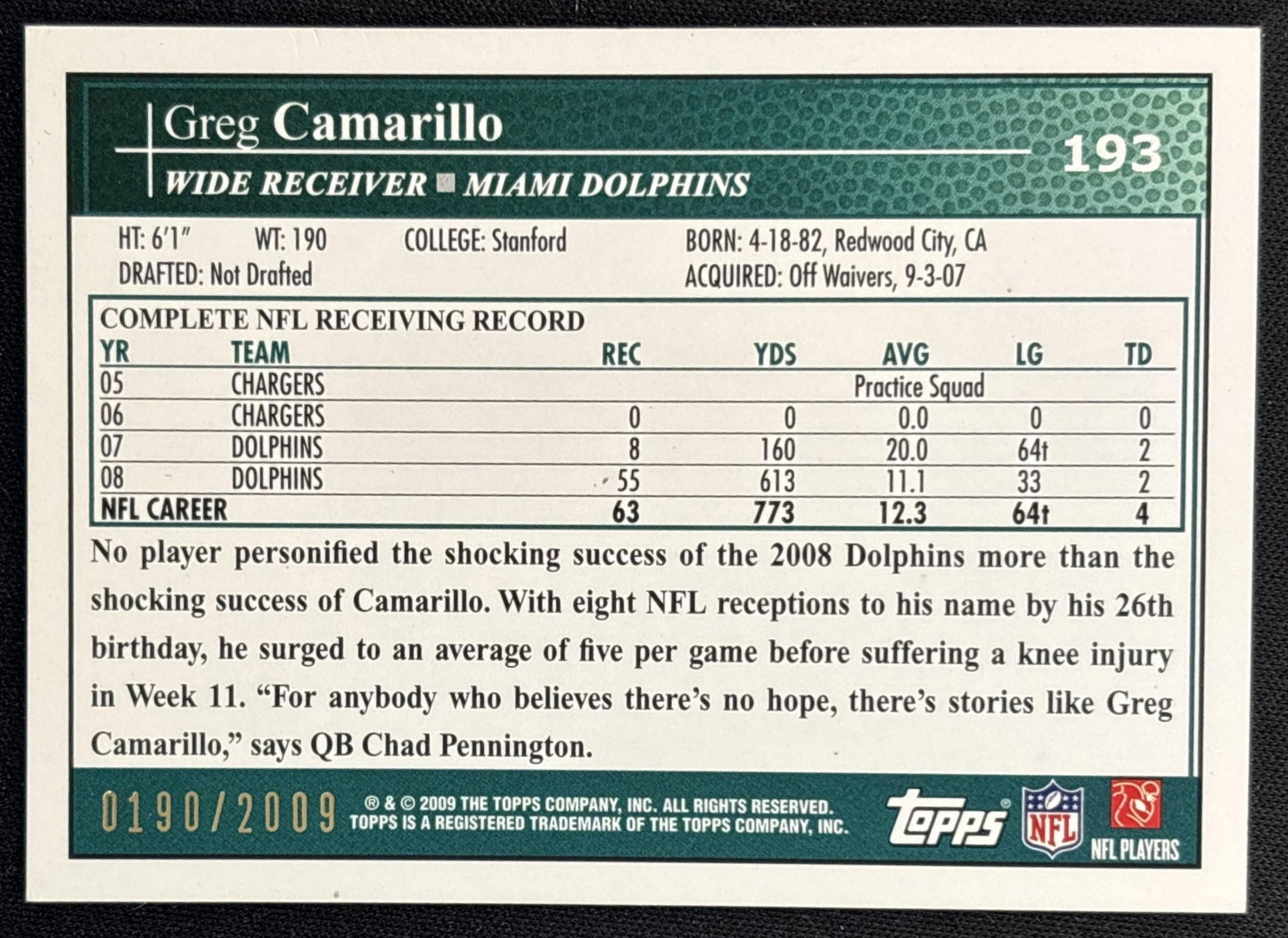 Greg Camarillo 2009 Topps Gold /2009 Dolphins