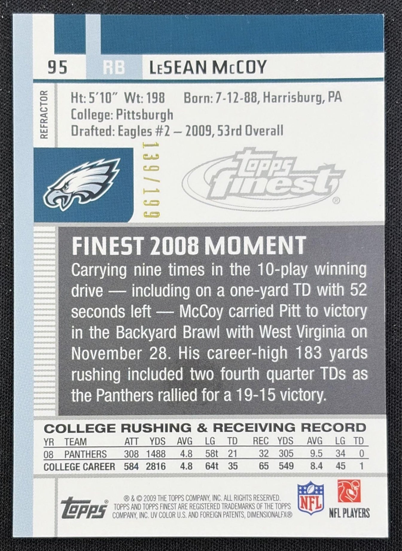 LeSean McCoy 2009 Topps Finest Green Refractor /199 Eagles Philadelphia Eagles