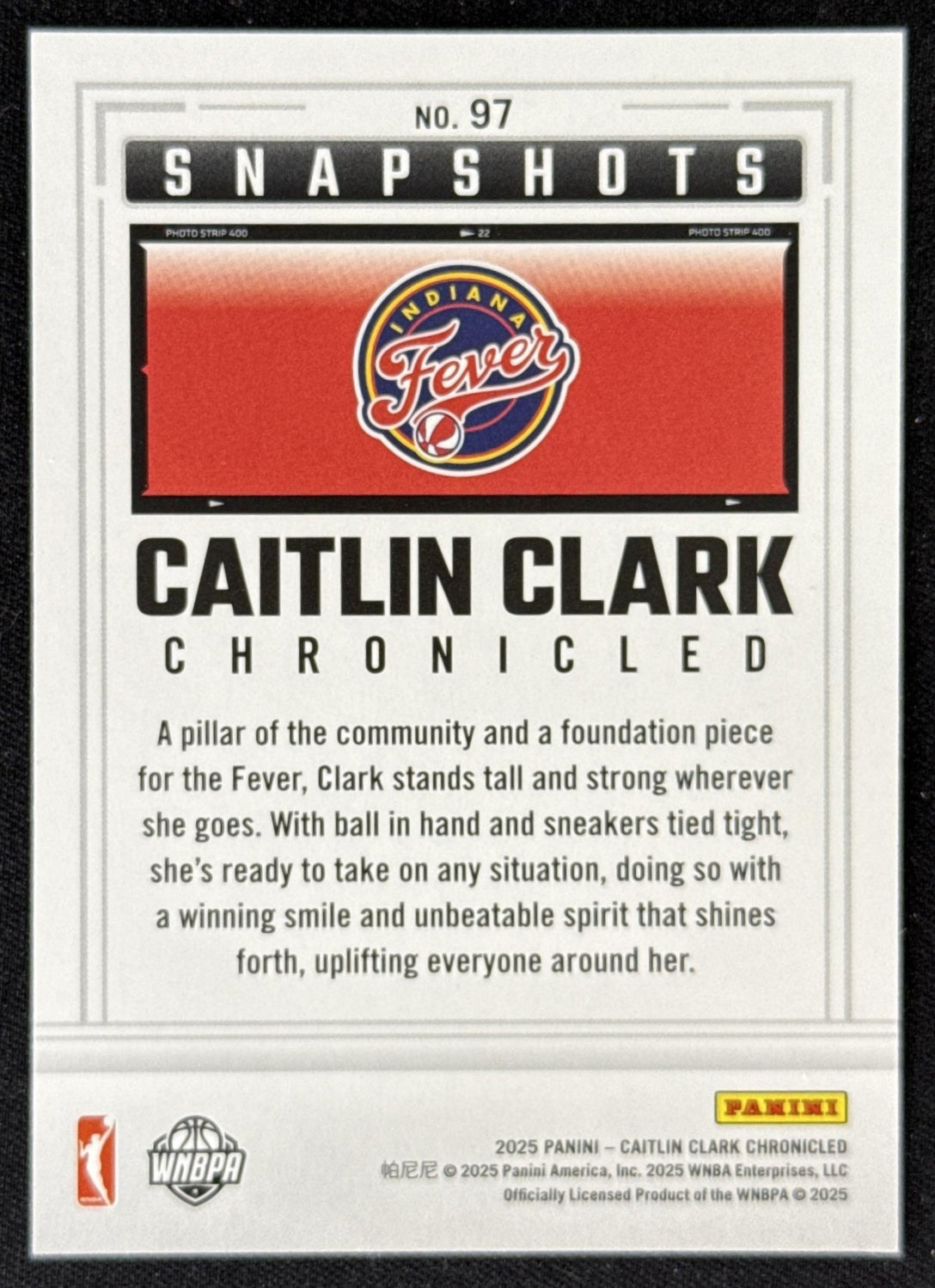 Caitlin Clark 2025 Panini Chronicled Snap Shots Fever 97 Sports Trading Card