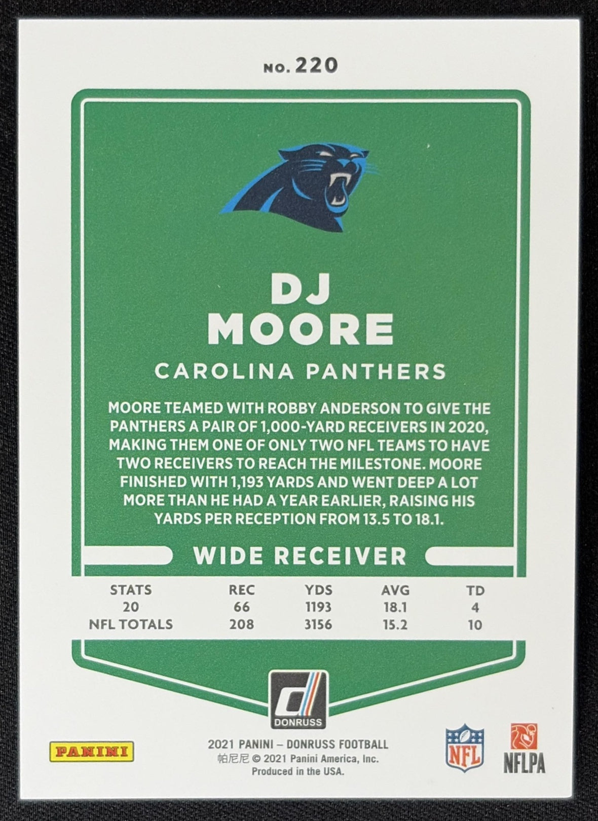 DJ Moore 2021 Panini Donruss Press Proof Premium Panthers - Carolina Panthers
