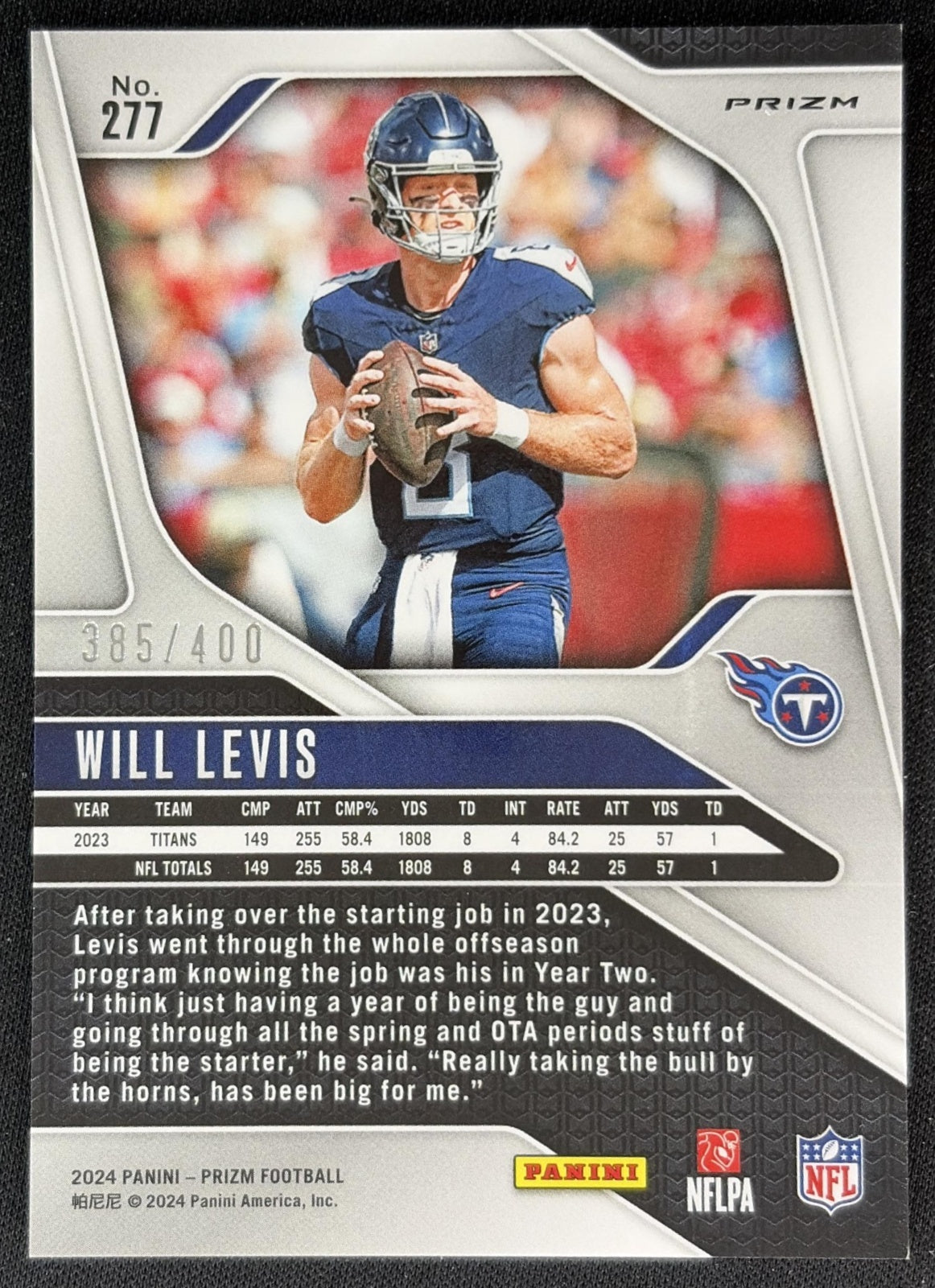 Will Levis 2024 Panini Prizm Pandora /400 Titans Back