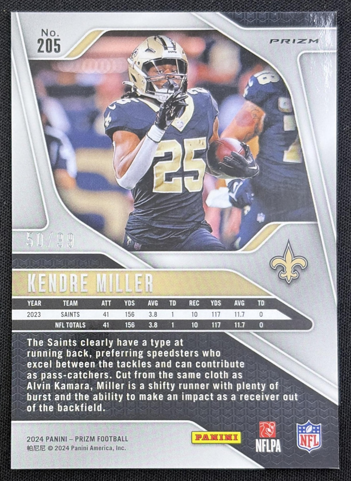 Kendre Miller 2024 Panini Prizm No Huddle Blue /99 Saints back